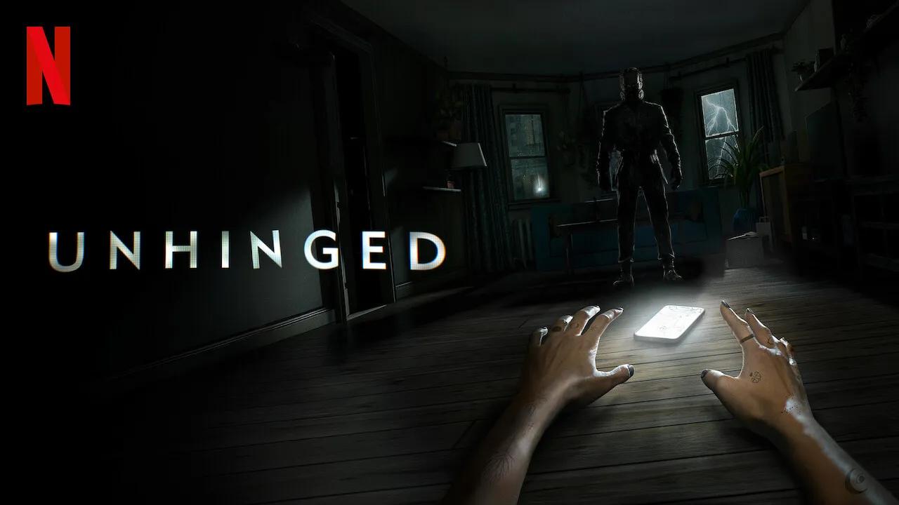 Netflix’s Unhinged key art showing Ava reaching toward a phone with a shadowy figure in the room.