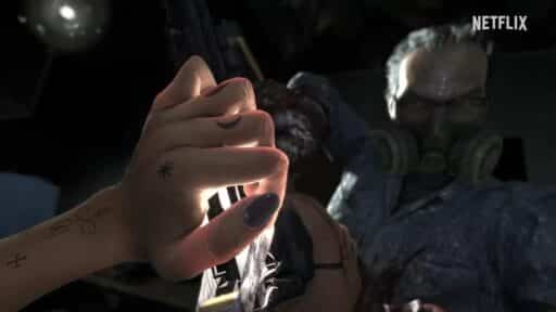 Hands hold a phone in the foreground as a masked figure approaches in Netflix’s Unhinged cloud horror game.