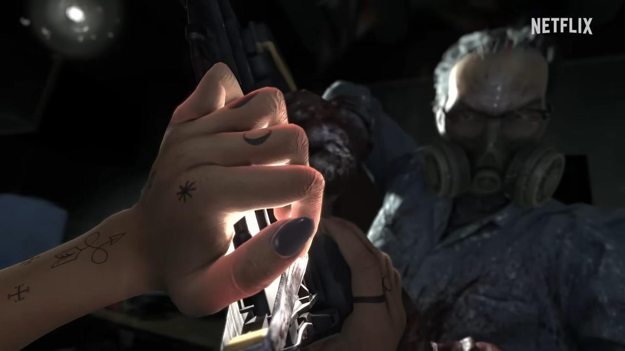 Ava using a flashlight during a tense killer encounter in Netflix’s Unhinged.
