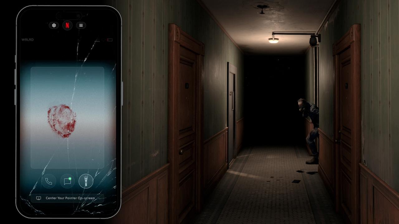 Netflix’s Unhinged showing a phone controller interface beside a dark apartment hallway.
