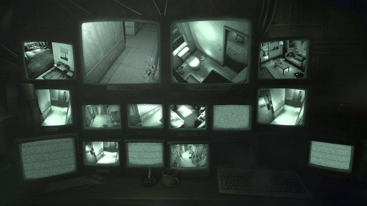 Security monitors showing apartment rooms and hallways in Netflix’s Unhinged.