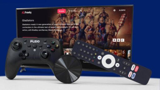 PLEIO cloud gaming controller beside a streaming remote in front of a television.