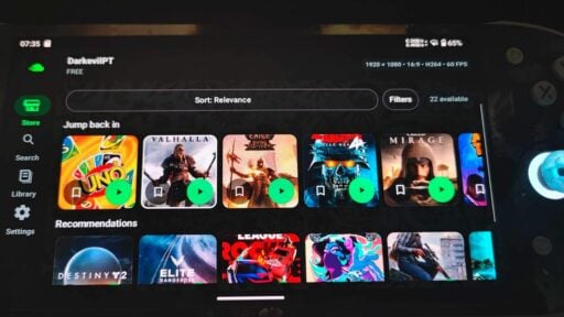 OpenNOW GeForce NOW Android app running on an AYN Odin 2 Portal gaming handheld.