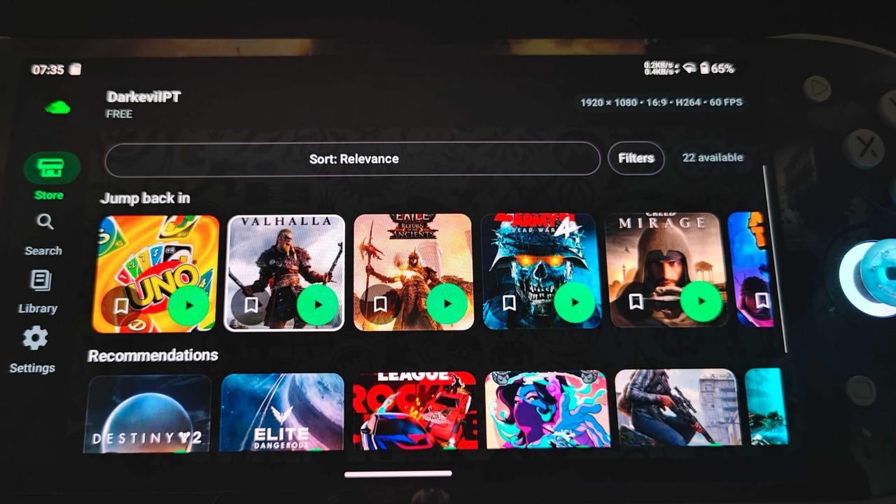 OpenNOW GeForce NOW Android app running on an AYN Odin 2 Portal gaming handheld.