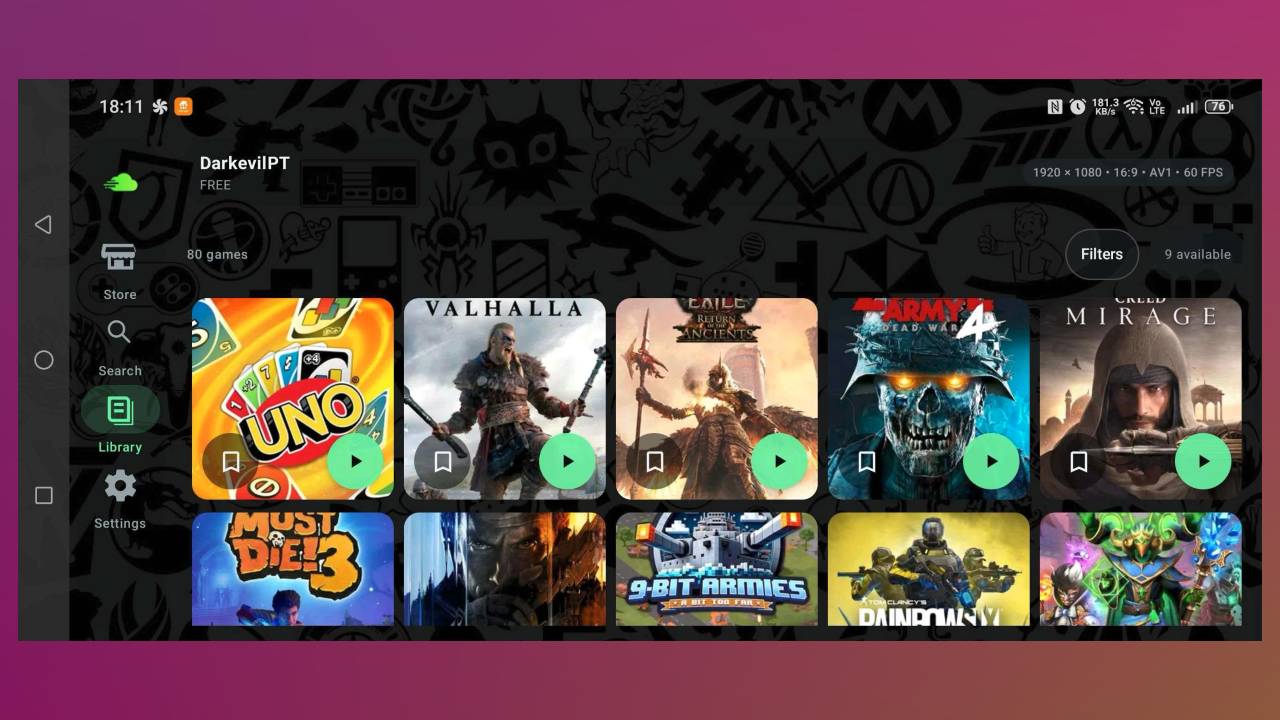 OpenNOW Android app displaying a GeForce NOW game library on an Android phone.