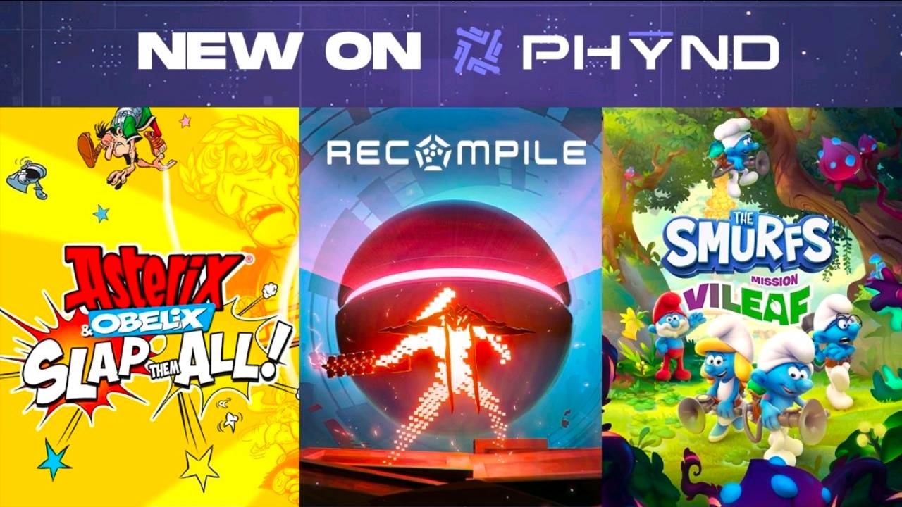 PHYND promotional image featuring Asterix & Obelix: Slap Them All!, Recompile, and The Smurfs - Mission Vileaf.
