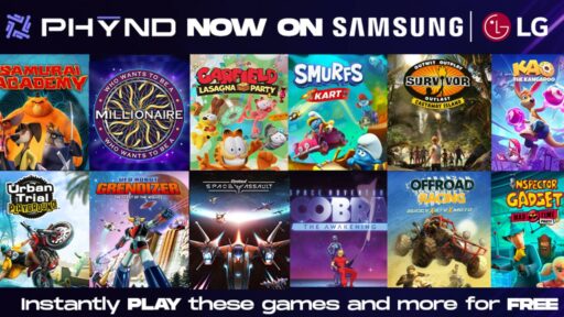 PHYND promotional image showing Samsung and LG logos above a selection of games available through the cloud gaming service.