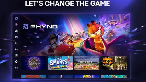 PHYND subscription-free cloud gaming app shown on a Smart TV interface with Garfield and other games.