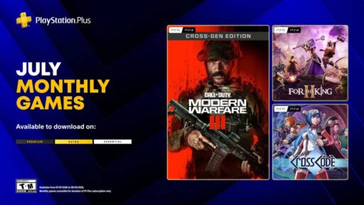 PlayStation Plus Monthly Games for July 2026 featuring Call of Duty Modern Warfare III, For the King II, and CrossCode.