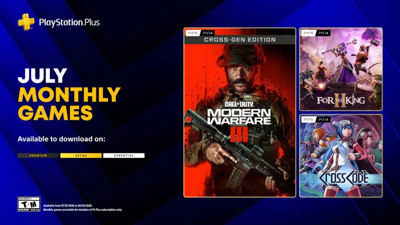 PlayStation Plus Monthly Games for July 2026 featuring Call of Duty Modern Warfare III, For the King II, and CrossCode.