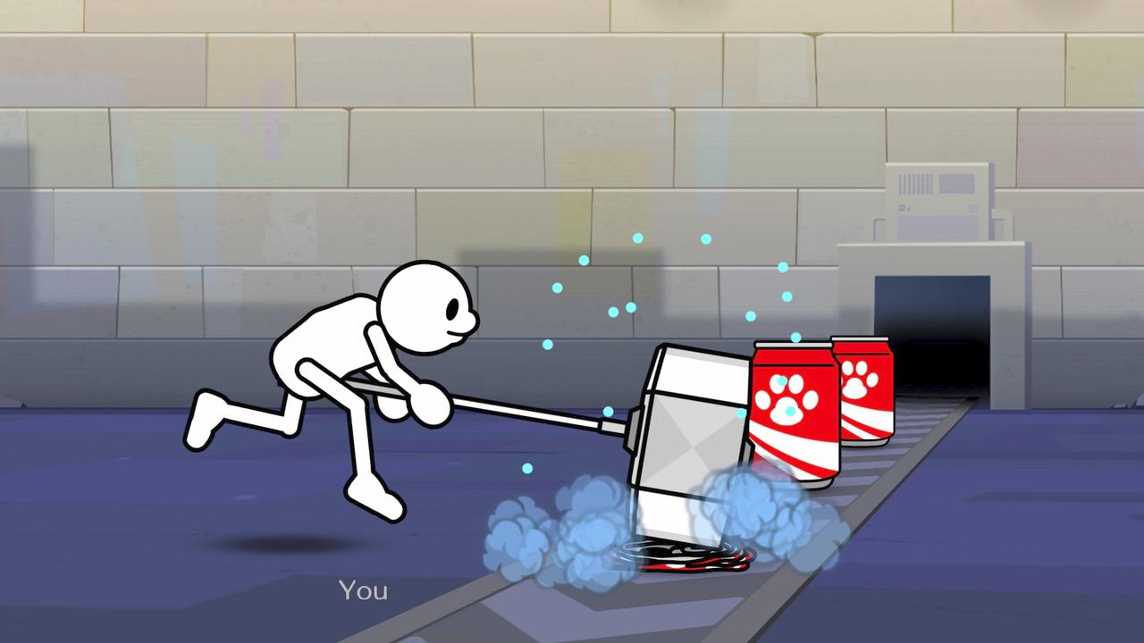 Rhythm Heaven Groove minigame showing a character timing an action to hit cans.