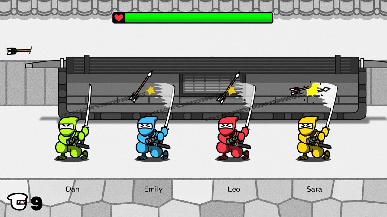 Rhythm Heaven Groove local multiplayer minigame showing four characters timing sword swings together.