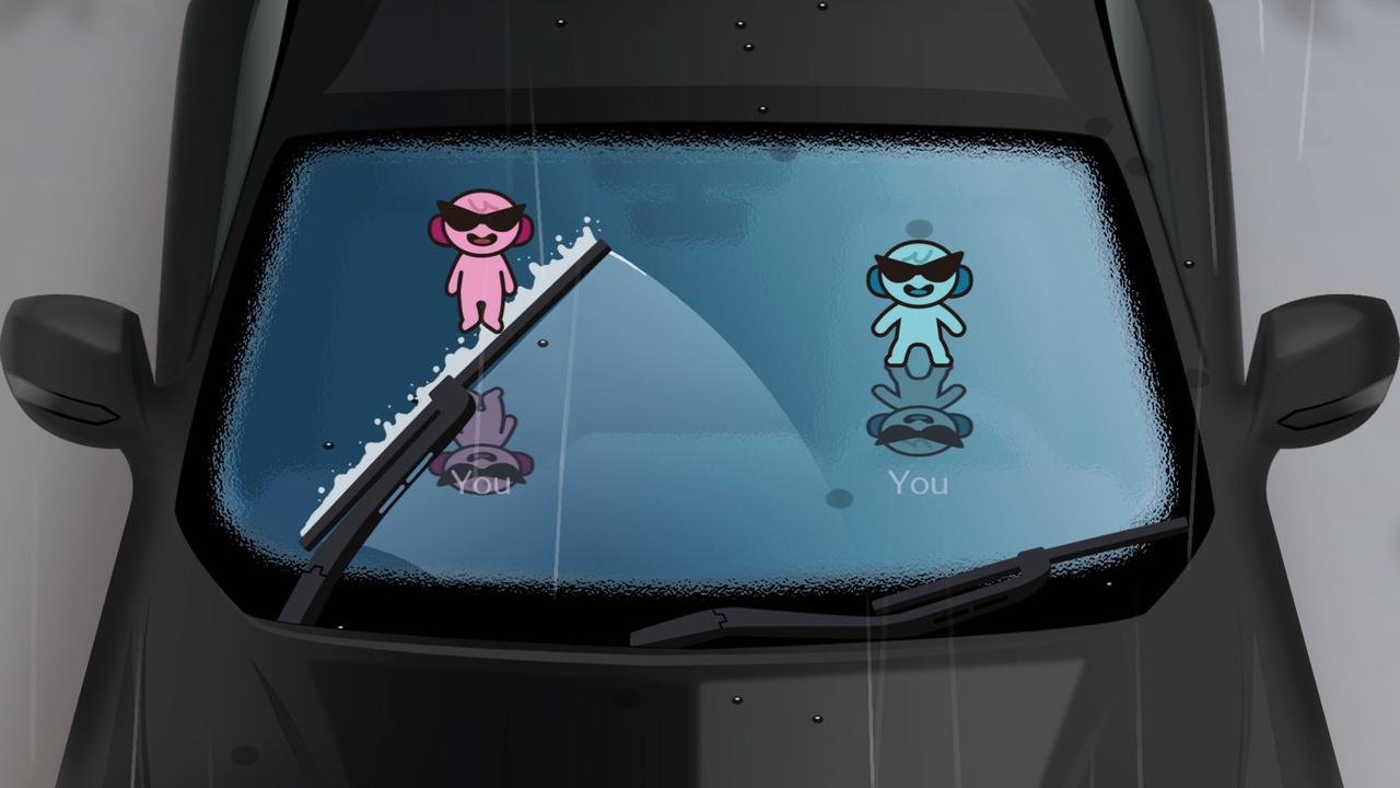 Rhythm Heaven Groove minigame showing characters on a windshield with the view partly blocked by wipers.