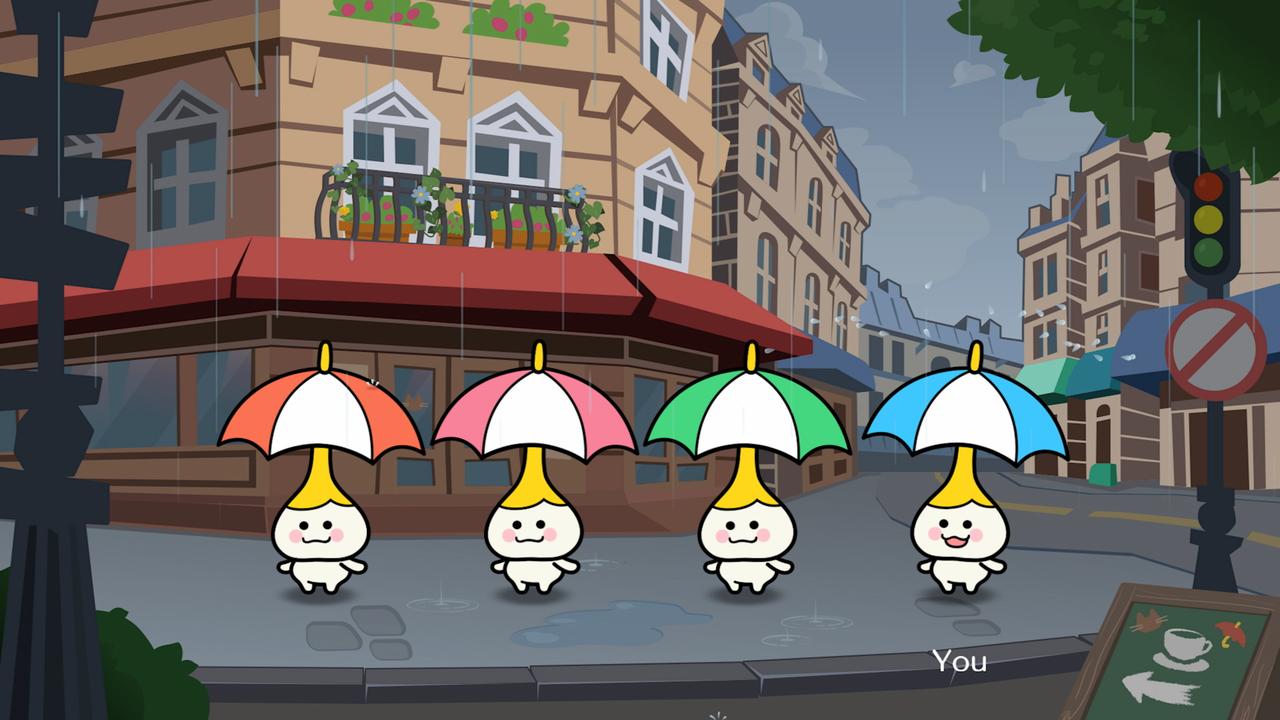 Rhythm Heaven Groove minigame showing four umbrella characters standing in the rain.