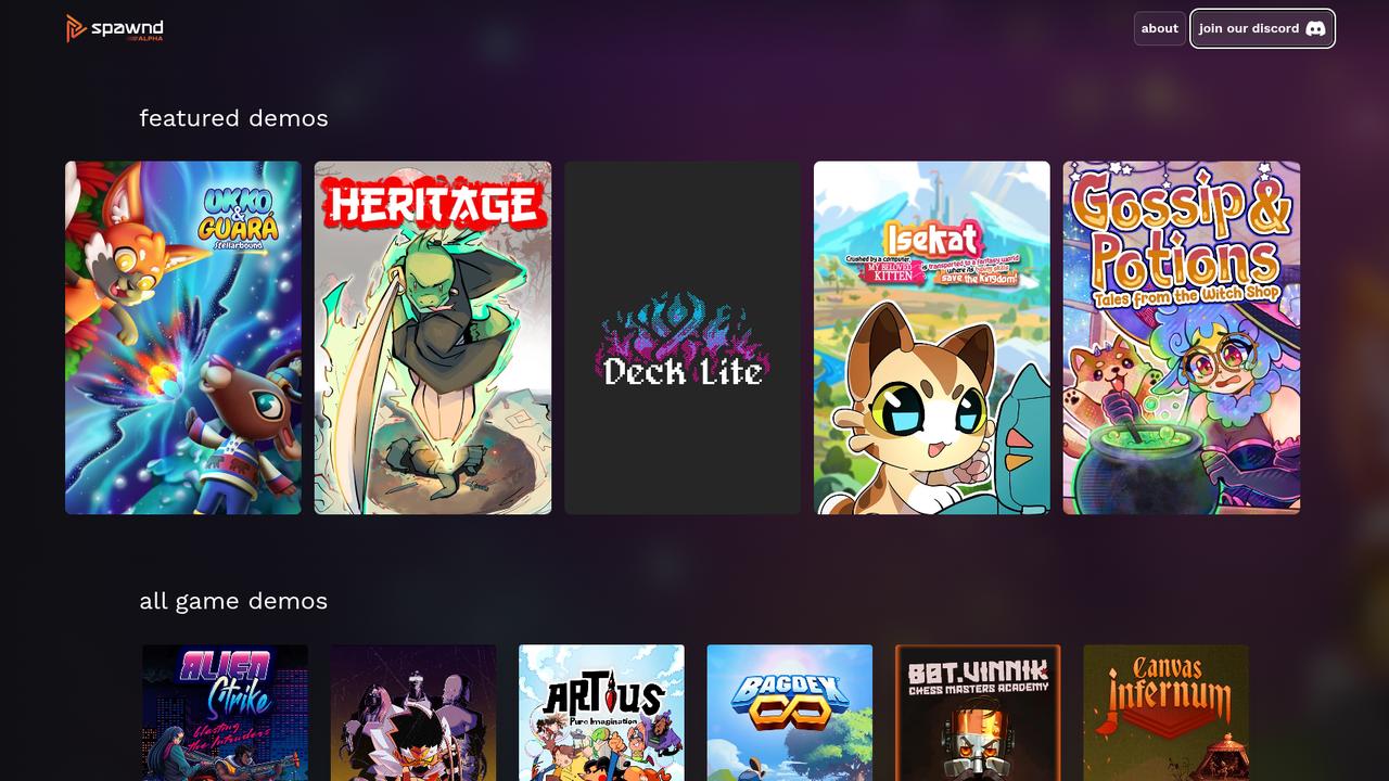 spawnd browser demo page showing featured game demos and all game demos.