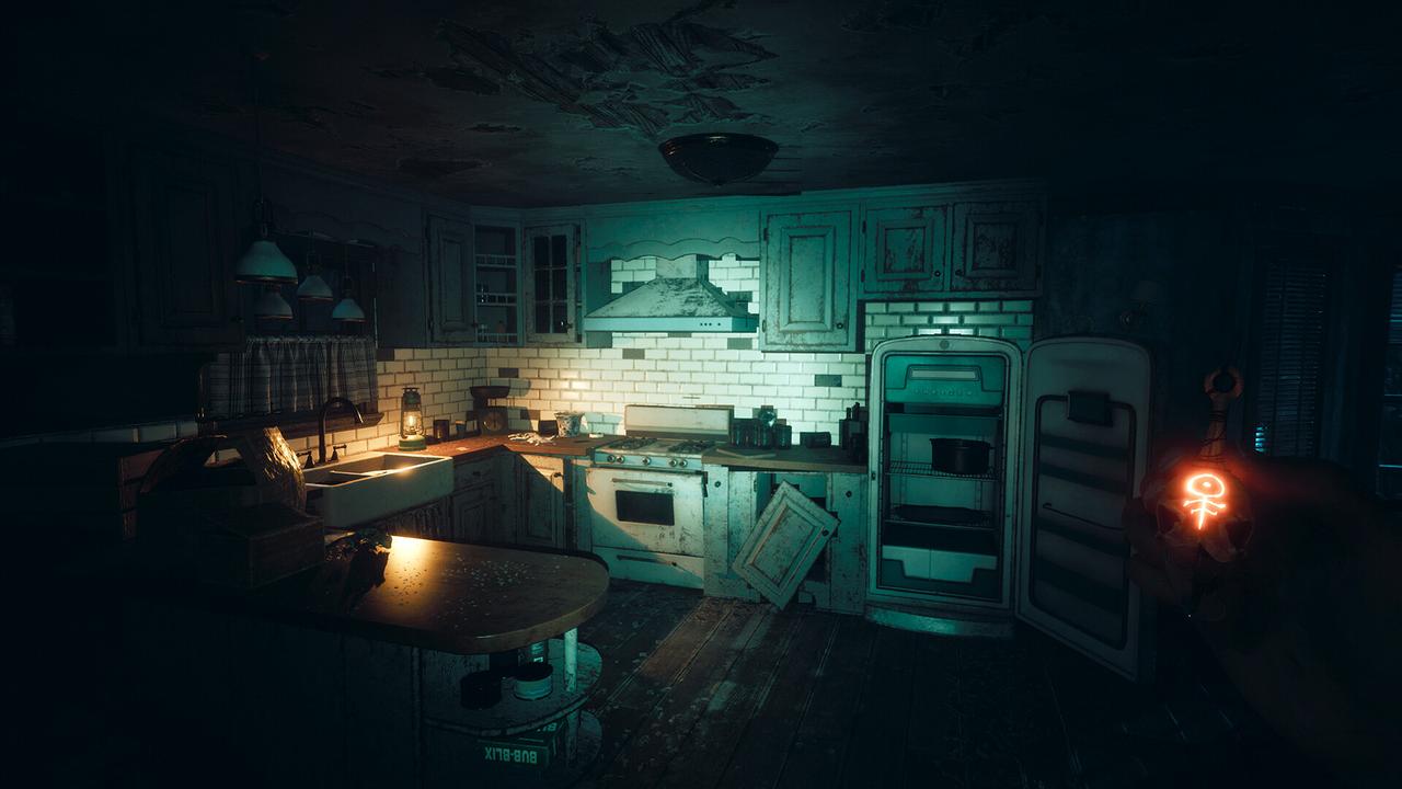 Alan holds a glowing pendulum inside a decaying kitchen in The Occultist.