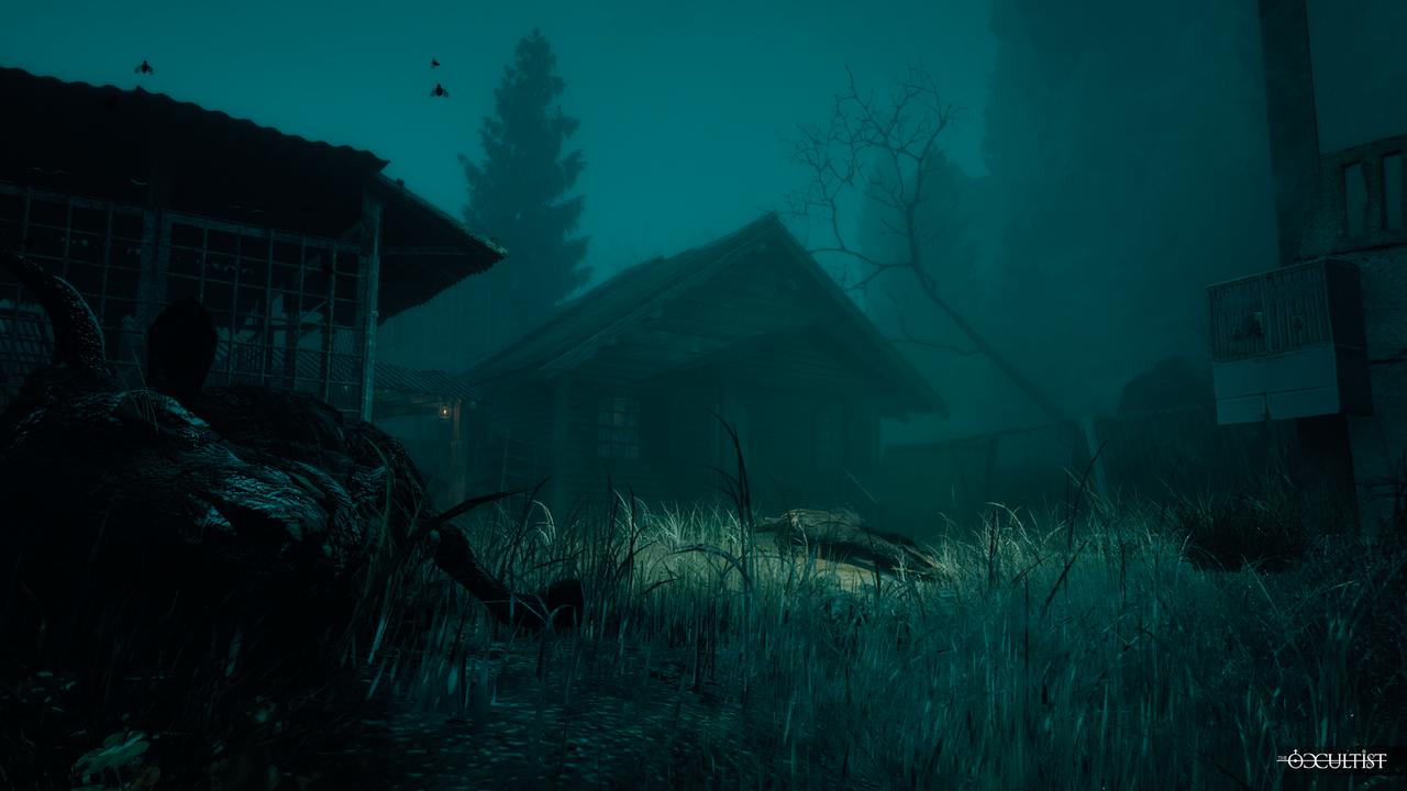 Fog-covered buildings and overgrown paths on Godstone in The Occultist.