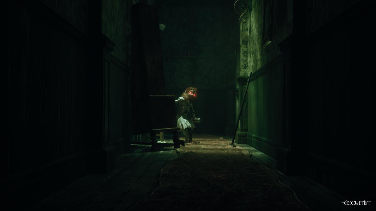A glowing-eyed creature stands in a dark hallway inside Godstone in The Occultist.