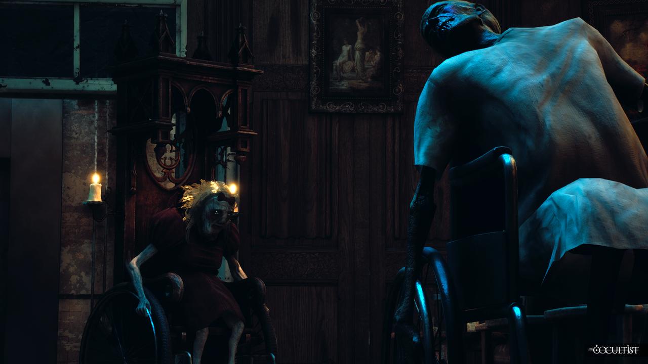 Two distorted figures in wheelchairs face each other inside a candlelit room in The Occultist.