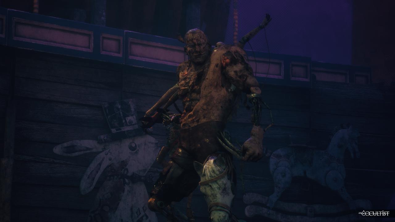 A distorted humanoid creature stands inside a dark room in The Occultist.