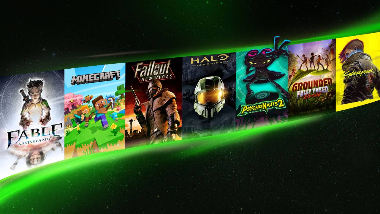 xbox-25th-anniversary-game-pass-collections XBOX Game Pass anniversary graphic featuring Fable Anniversary, Minecraft, Fallout: New Vegas, Halo: The Master Chief Collection, Psychonauts 2, and other games.