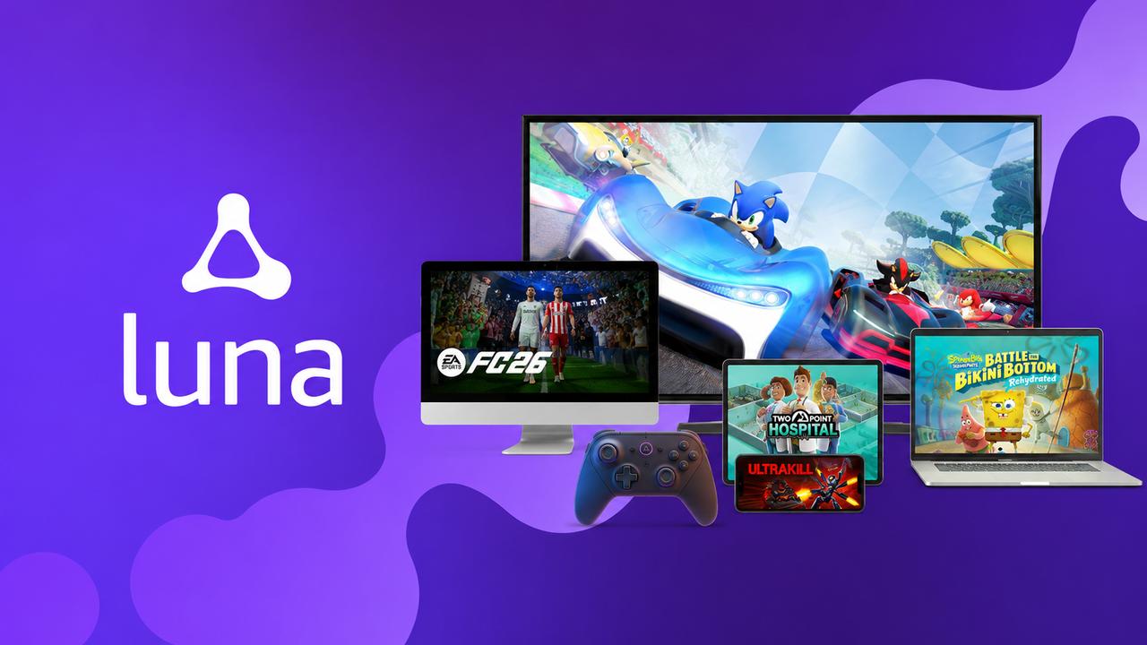 Amazon Luna promotional image showing Team Sonic Racing, EA Sports FC 26, Two Point Hospital, ULTRAKILL, and SpongeBob SquarePants: Battle for Bikini Bottom - Rehydrated on multiple screens