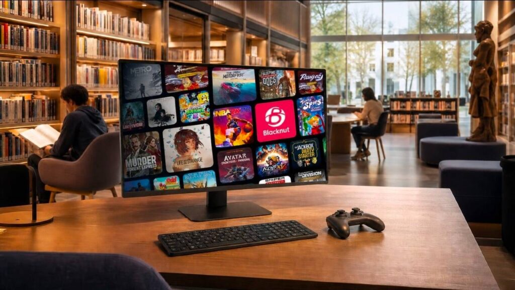 Blacknut cloud gaming catalogue displayed on a computer monitor inside a library.
