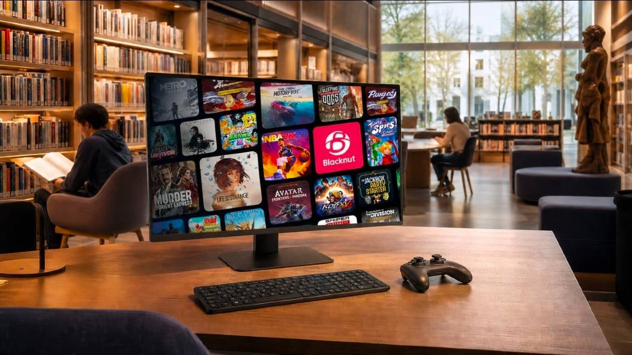 Blacknut cloud gaming catalogue displayed on a computer monitor inside a library.