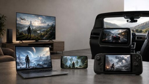 Illustration of cloud gaming across a TV, laptop, smartphone, handheld device, and in-vehicle screen.
