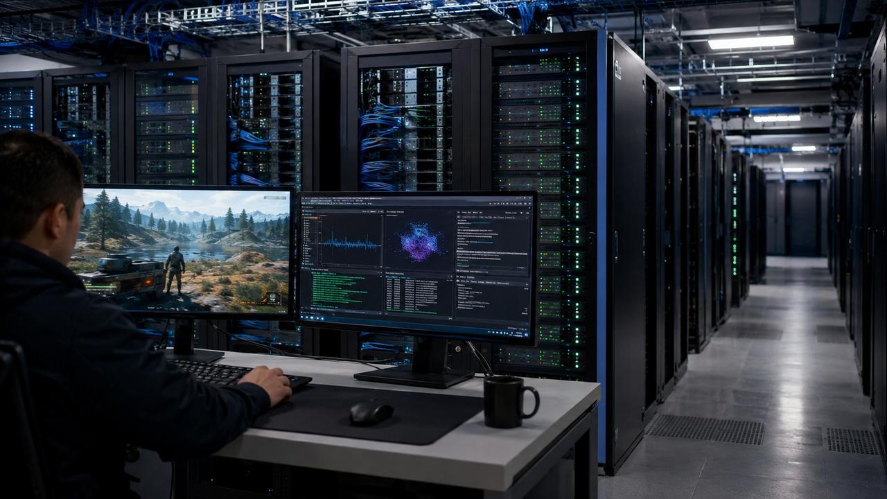 Data centre with server racks and two monitors showing a cloud game and AI computing activity.