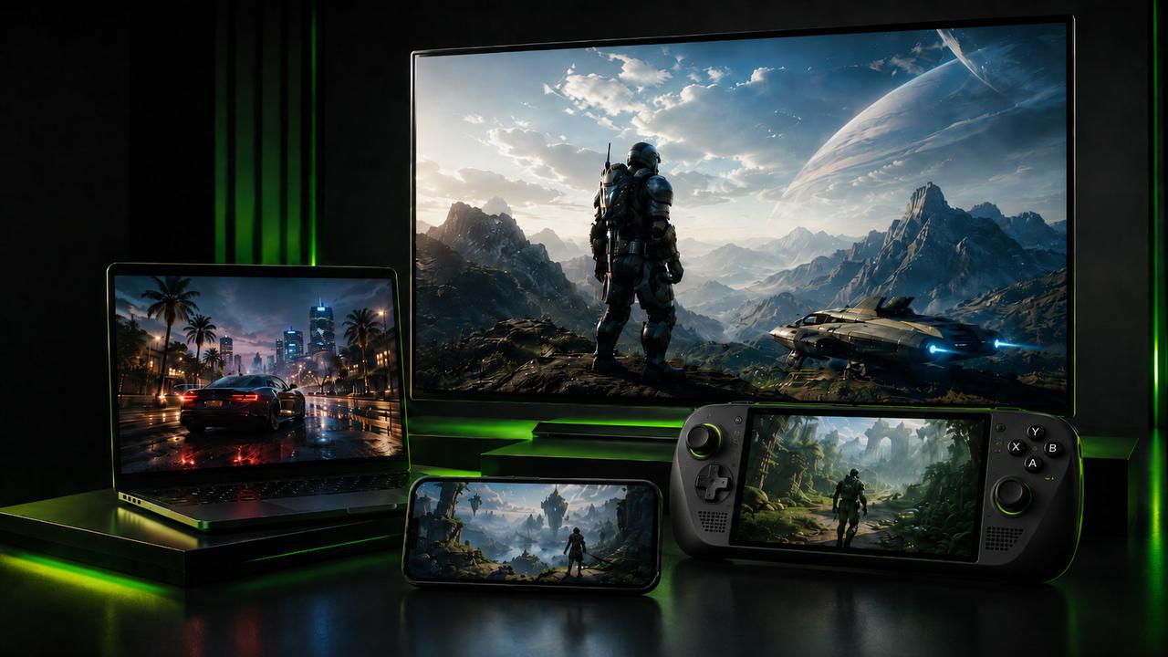 Cloud gaming shown across a TV, laptop, smartphone, and PC gaming handheld