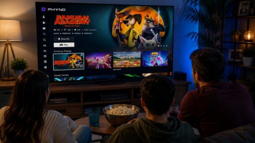 Three people sit in a living room watching a TV displaying a PHYND cloud gaming interface.