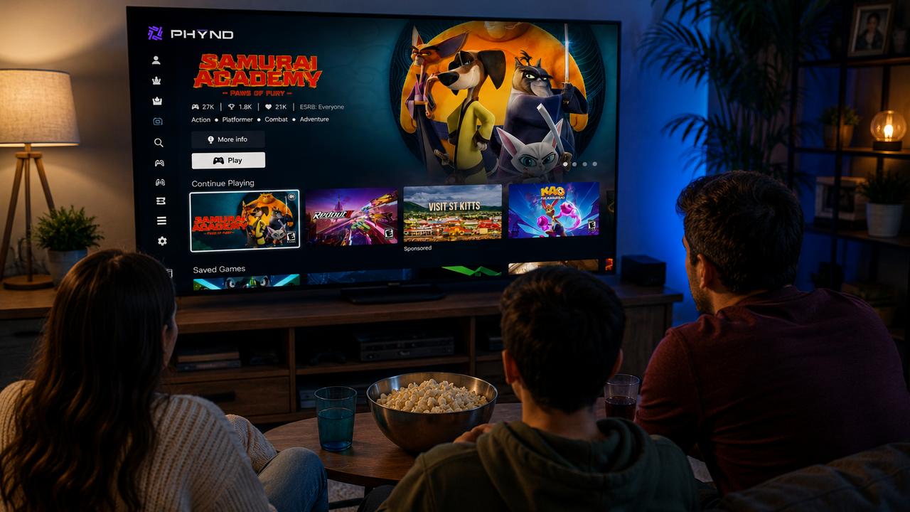 Three people sit in a living room watching a TV displaying a PHYND cloud gaming interface.