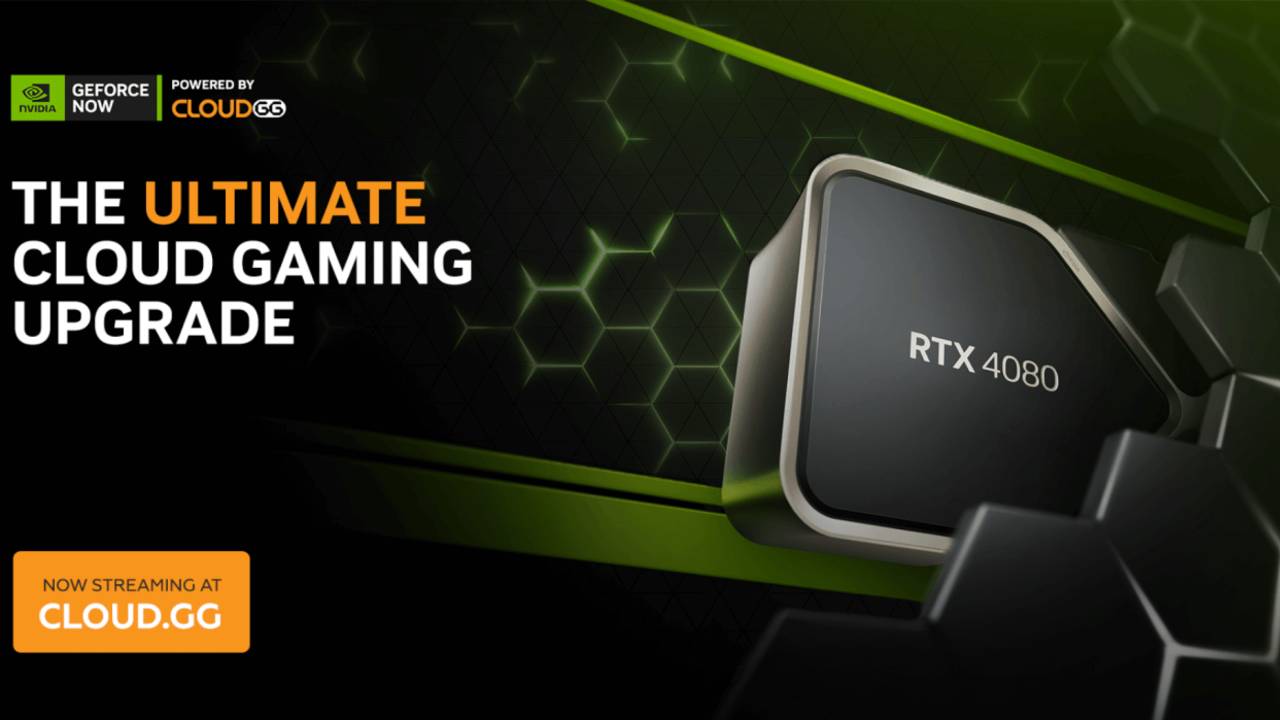GeForce NOW Powered by CloudGG Ultimate promotional artwork with RTX 4080 branding.