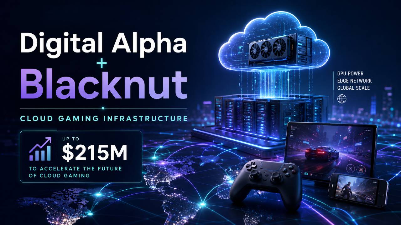 Digital Alpha and Blacknut cloud gaming infrastructure artwork showing GPU servers, edge networks and cloud gaming devices.