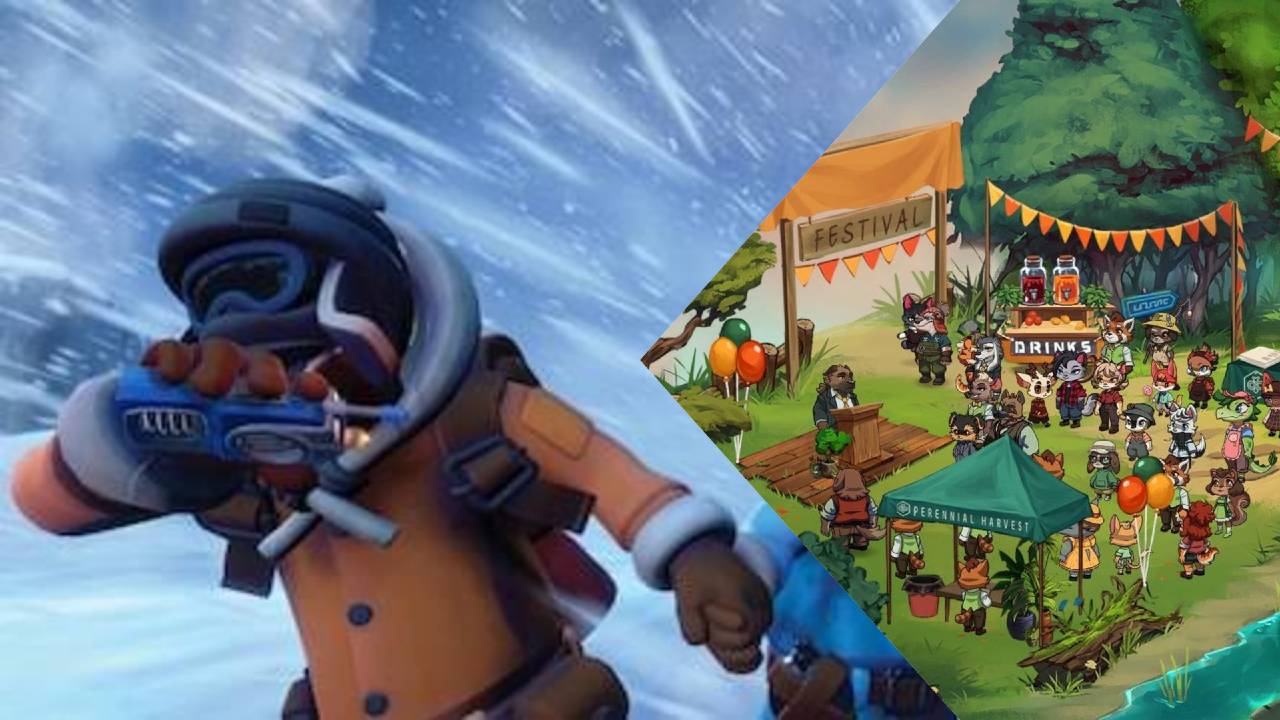 We Were Here Together explorer in a snowstorm beside a festival scene from Beacon Pines.