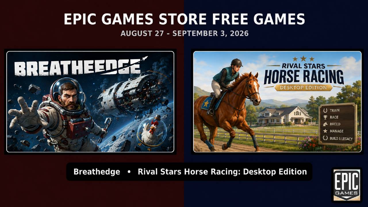 Epic Games Store Free Games feature image for Breathedge and Rival Stars Horse Racing: Desktop Edition, free August 27 to September 3, 2026.
