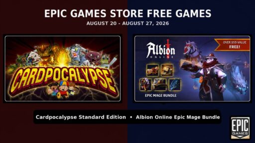 Cardpocalypse and Albion Online Epic Mage Bundle artwork for the Epic Games Store free games from August 20 to 27, 2026.
