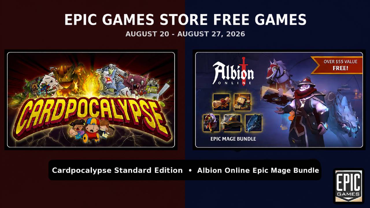 Cardpocalypse and Albion Online Epic Mage Bundle artwork for the Epic Games Store free games from August 20 to 27, 2026.