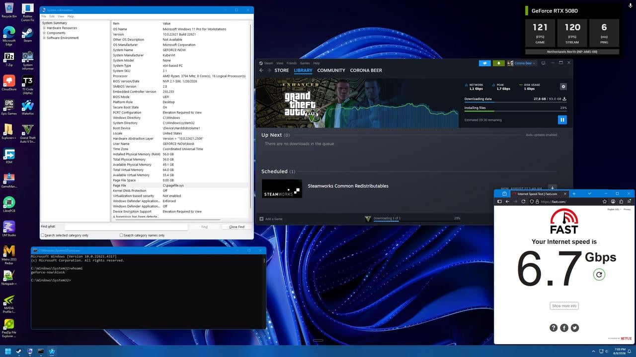 Full Windows desktop running inside a GeForce NOW session with Steam, System Information, Command Prompt and a browser visible.