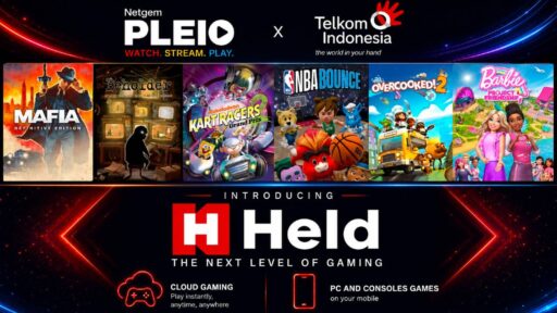PLEIO and Telkom Indonesia logos above HELD cloud gaming artwork featuring Mafia: Definitive Edition, Overcooked! 2, and other games.