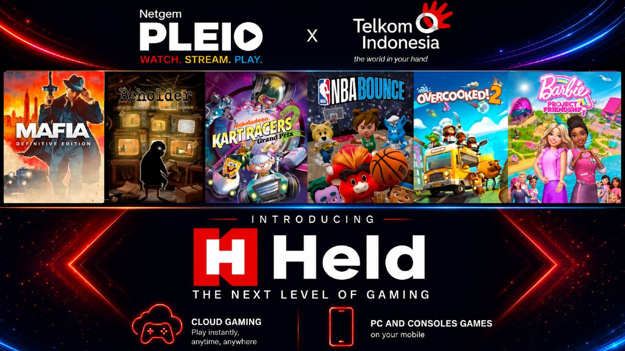PLEIO and Telkom Indonesia logos above HELD cloud gaming artwork featuring Mafia: Definitive Edition, Overcooked! 2, and other games.