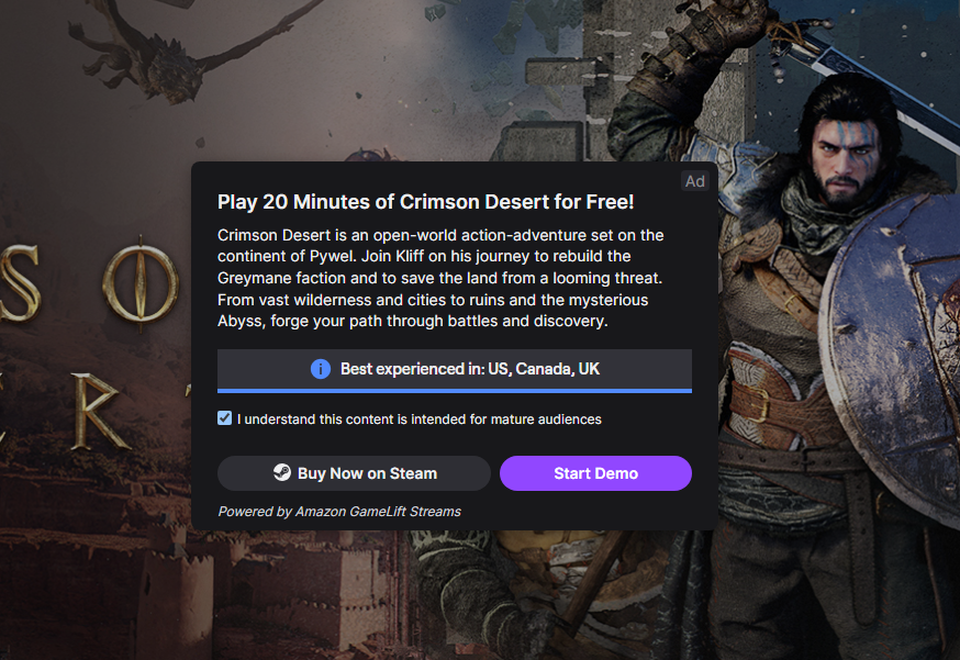 Play a 20-minute Crimson Desert cloud demo directly in your browser through Twitch, powered by Amazon GameLift Streams. Available in the US, Canada, and UK.