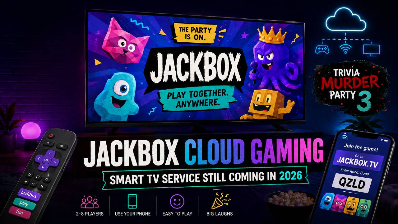 Jackbox cloud gaming feature artwork showing a smart TV, smartphone, remote control and Trivia Murder Party 3 imagery.