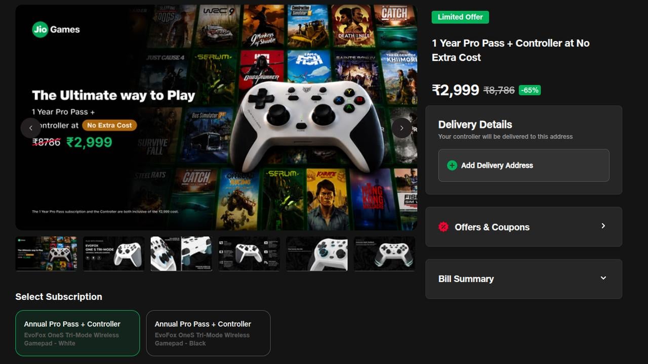 JioGames Cloud store page showing the ₹2,999 Annual Pro Pass bundle with an EvoFox One S controller.