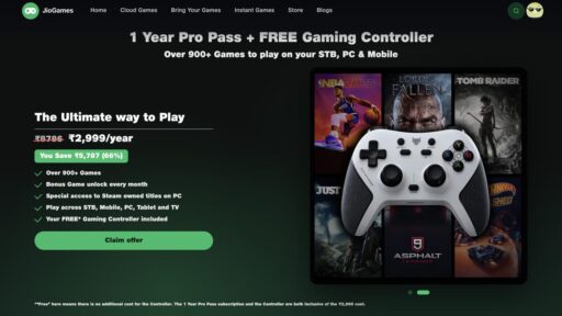 JioGames Cloud Annual Pro Pass promotion showing a free gaming controller, 900+ games and ₹2,999 yearly pricing.