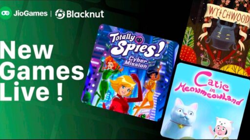 JioGames and Blacknut graphic featuring Catie in MeowmeowLand, Wytchwood and Totally Spies! – Cyber Mission.
