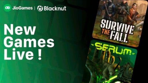 JioGames Cloud and Blacknut graphic featuring Serum and Survive the Fall.