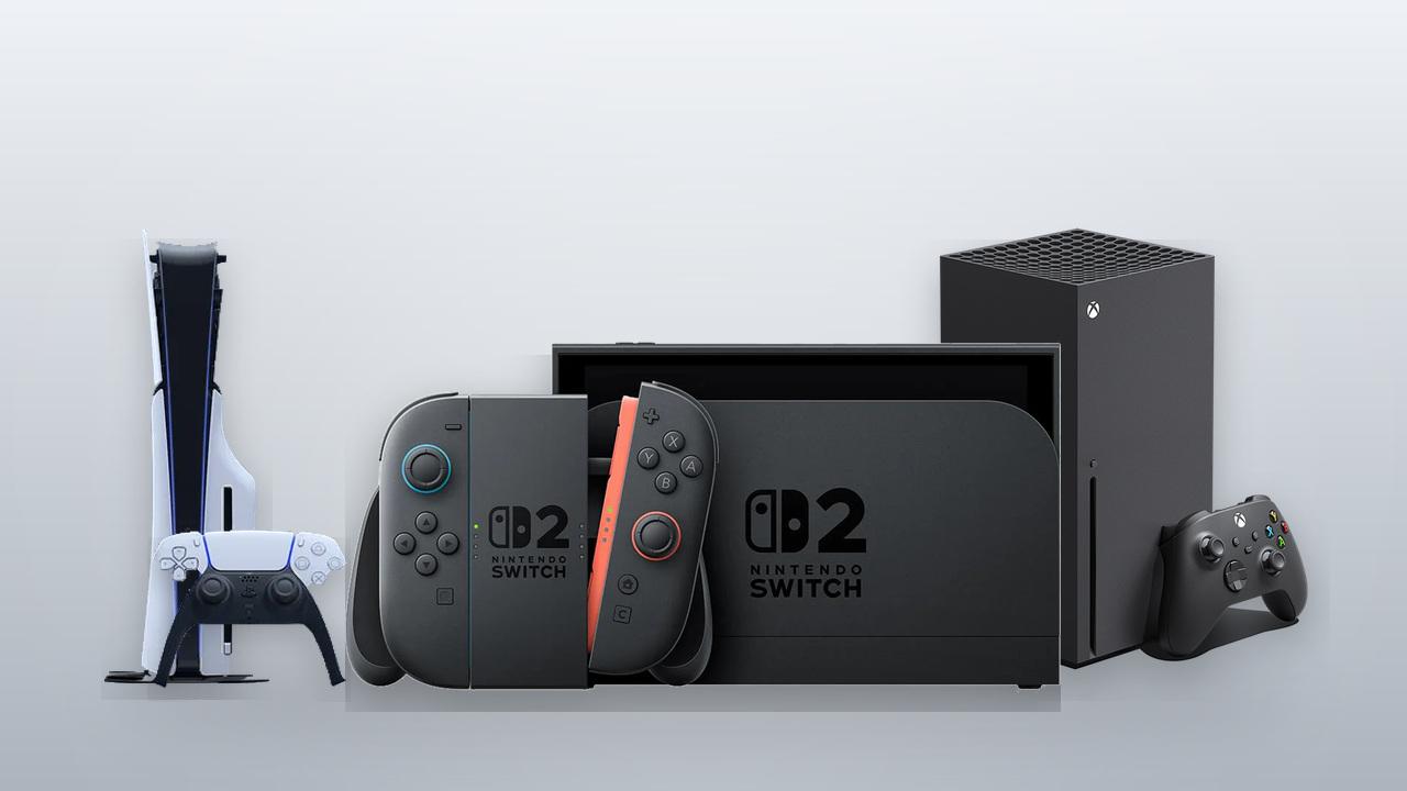 PlayStation 5, Nintendo Switch 2 and XBOX Series X consoles arranged together on a neutral background.