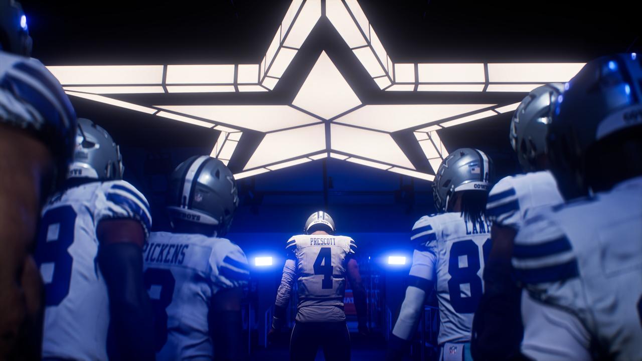 Madden NFL 27 showing Dallas Cowboys players walking through a dark tunnel beneath a glowing star before a game.